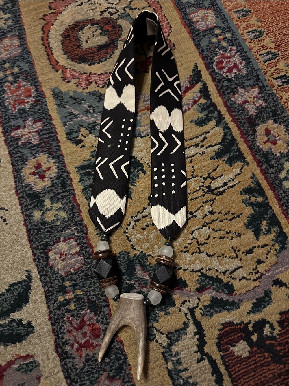 Black and White Tribal Pendant Necklace with Antler Accent